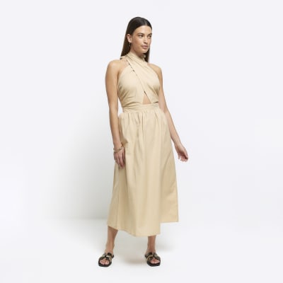 Beige halter neck wrap midi dress