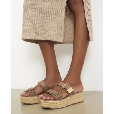 Hardware Double Strap Wedge Sandals