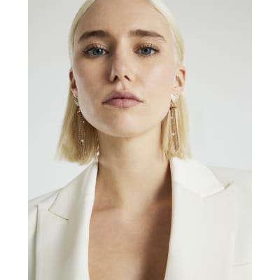 Beige Heart Tassel Drop Earrings