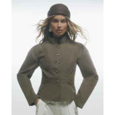 Beige High Neck Fitted Jacket
