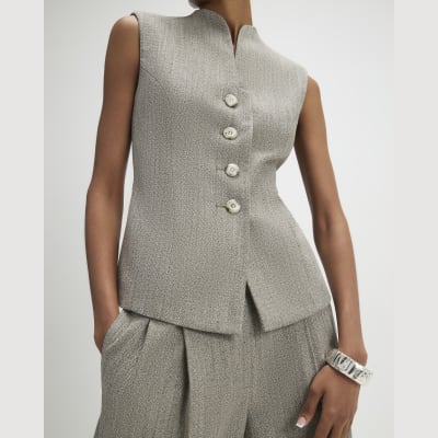 Beige High Neck Flecked Sculpted Waistcoat