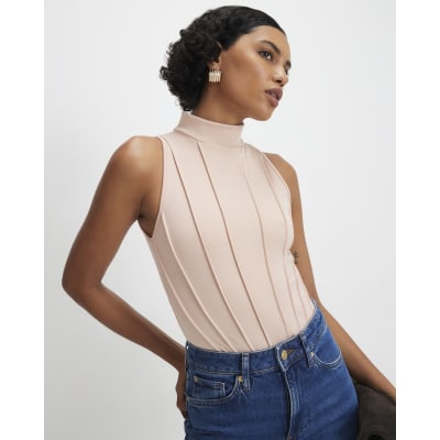 Beige High Neck Seam Trim Bodysuit