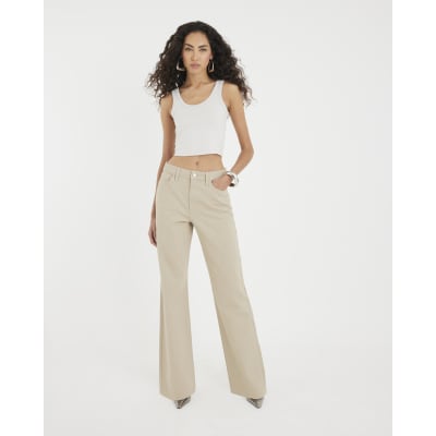 Beige High Rise Diamante Loose Wide Leg Jeans