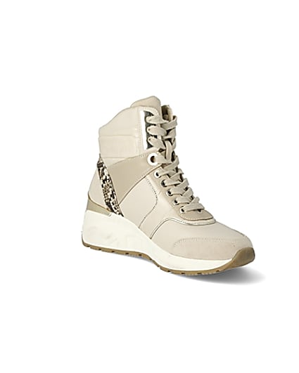 360 degree animation of product Beige high top lace-up wedge trainers frame-18