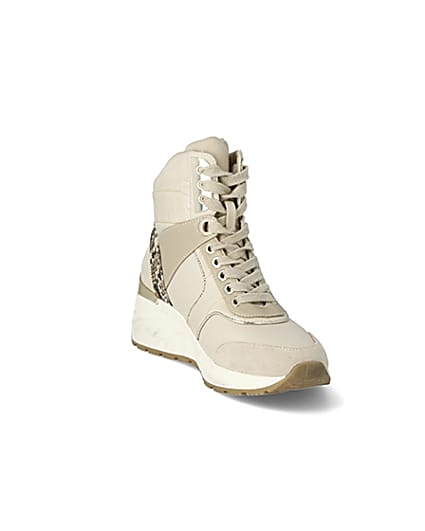360 degree animation of product Beige high top lace-up wedge trainers frame-19