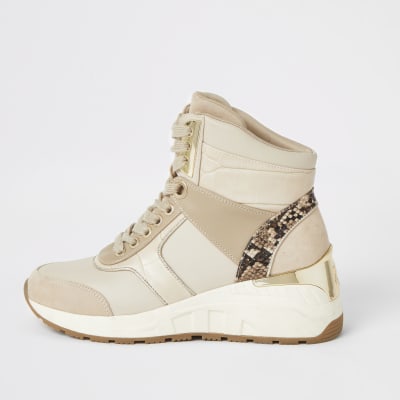 Beige high top lace-up wedge trainers 