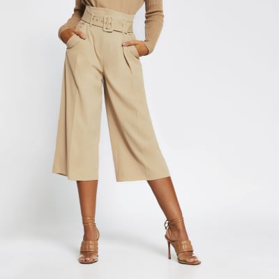 Beige high waist belted culotte trousers River Island