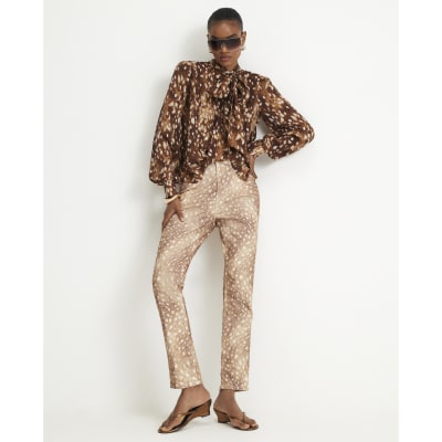 Beige High Waisted Deer Print Cigarette Jeans