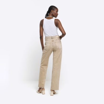 High Waisted Denim Waist Relaxed Straight Leg Pant