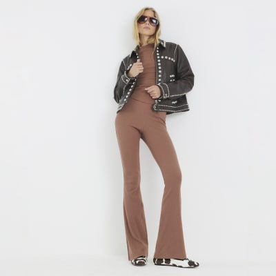 Beige High Waisted Ribbed Flare Leggings