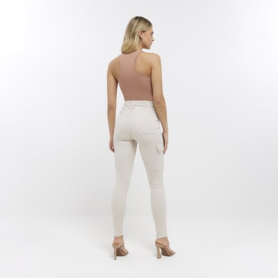 Beige high waisted skinny cargo jeans River Island