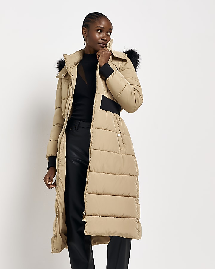 Beige hooded padded longline coat