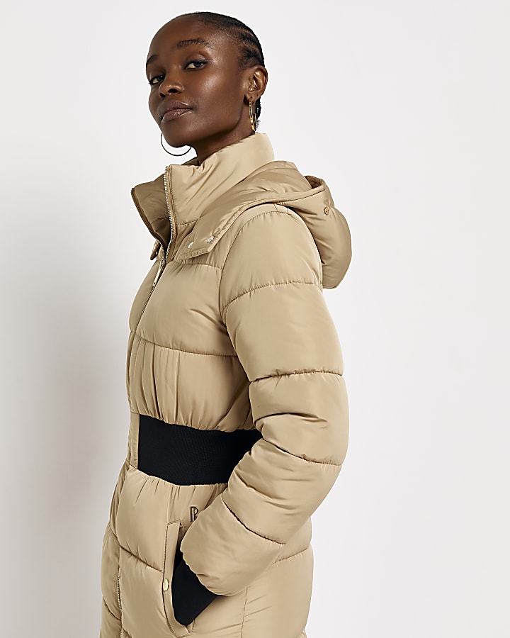 Beige hooded padded longline coat