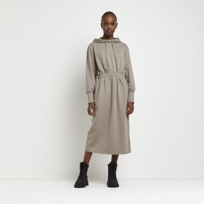 Beige hooded sweatshirt midi dress | River Island