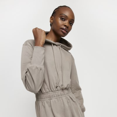 Beige hooded sweatshirt midi dress