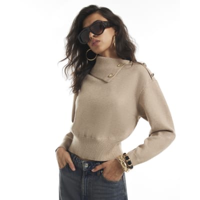 Knit Asymmetric Neck Button Top