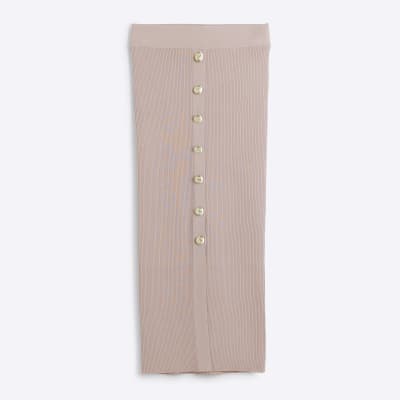 Beige knit button detail midi skirt River Island