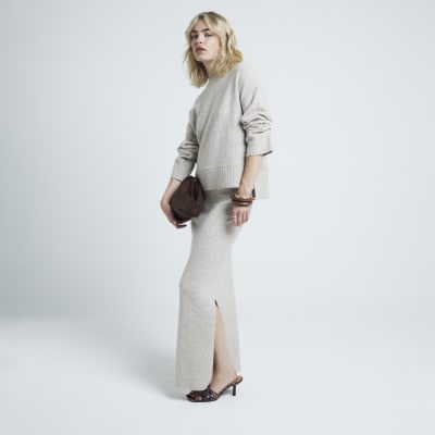 Beige knit maxi skirt River Island