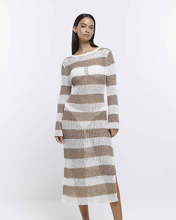 Beige knit striped beach midi dress