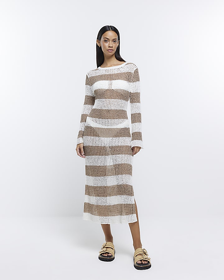 Beige knit striped beach midi dress
