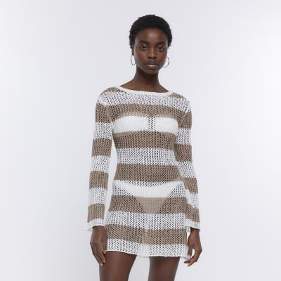 Beige knit striped beach mini dress
