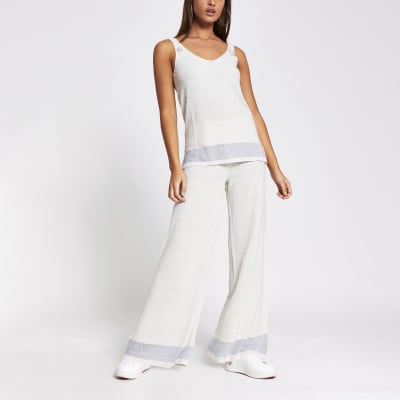 Beige knitted button front wide leg trousers