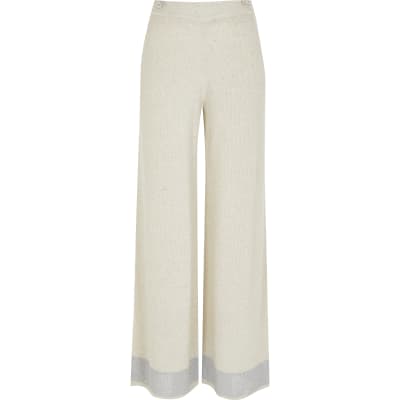 Beige knitted button front wide leg trousers