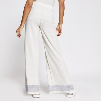 Beige knitted button front wide leg trousers