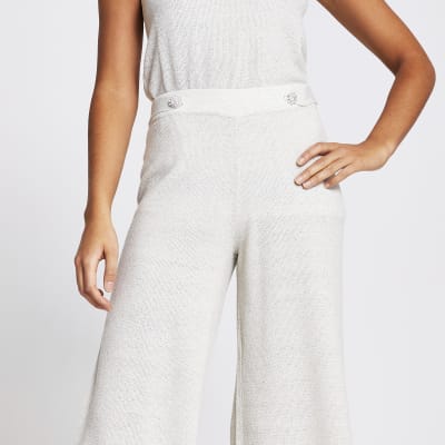 Beige knitted button front wide leg trousers