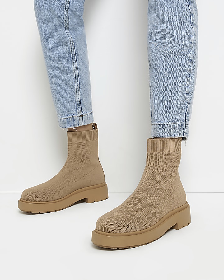 Beige knitted chunky ankle boots