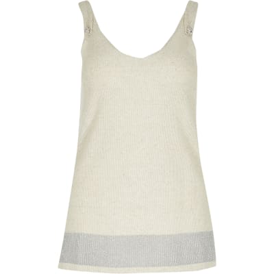 Beige knitted diamante button vest