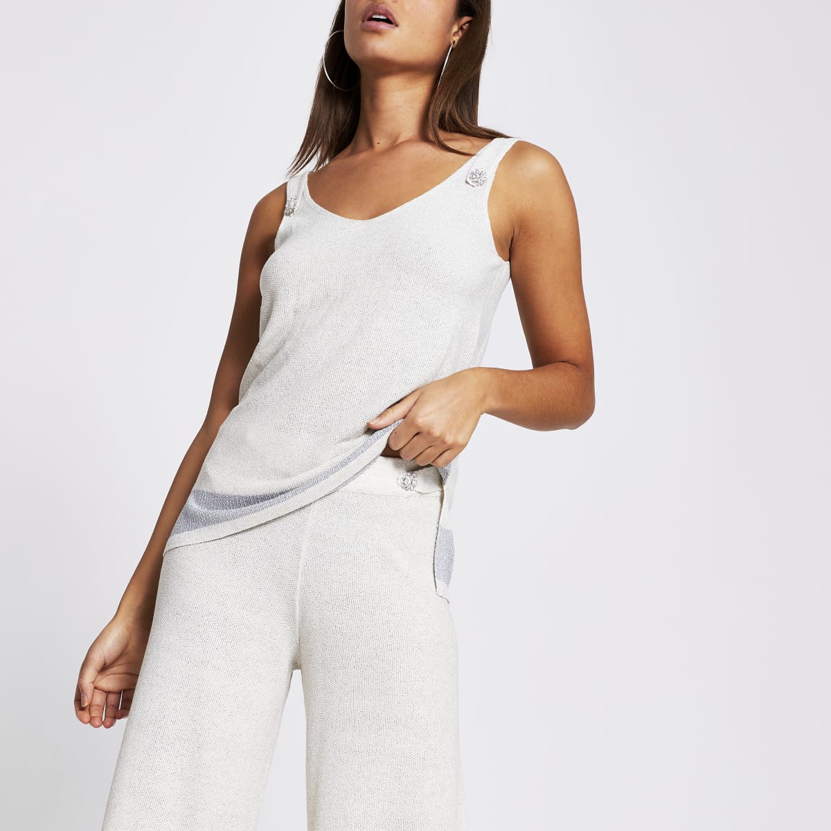 Beige knitted diamante button vest