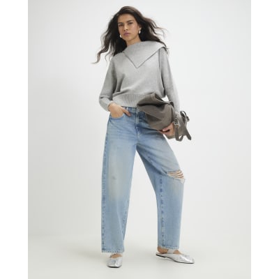 Beige Knitted Fold Neck Jumper