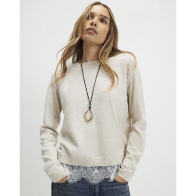 Beige Knitted Hybrid Lace Top