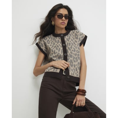 Knitted Leopard Button Through Vest Top