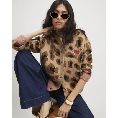 Beige Knitted Leopard Smiley Print Cardigan | River Island