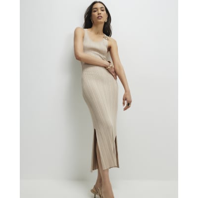 Beige Knitted Ribbed Midi Dress