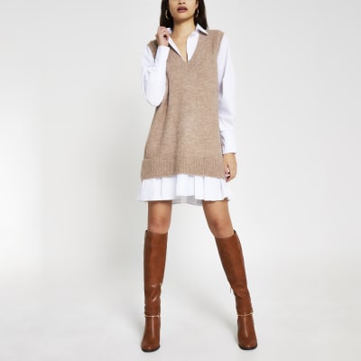 Beige knitted shirt dress | River Island
