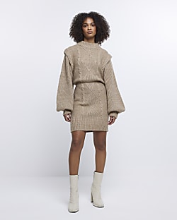 Beige knitted shoulder pad jumper mini dress