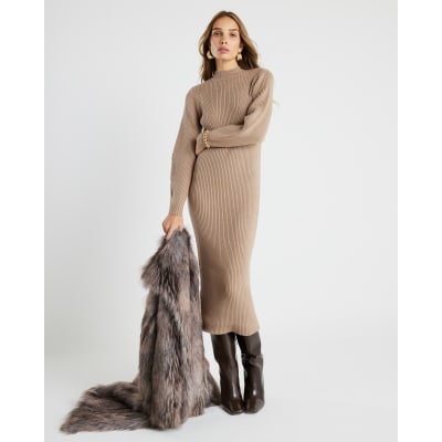 Beige Knitted Structured Sleeve Midi Dress