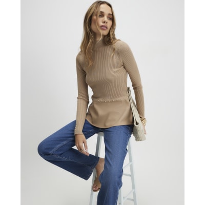 Beige Knitted Studded Peplum Hem Top