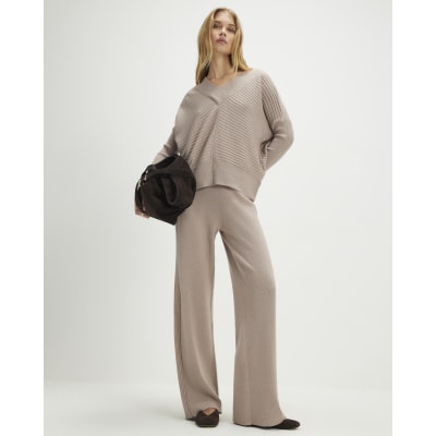 Beige Knitted Wide Leg Ribbed Trousers