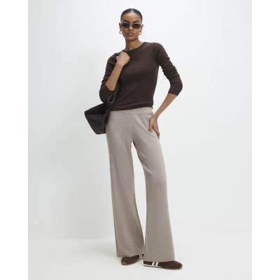 Beige Knitted Wide Leg Ribbed Trousers