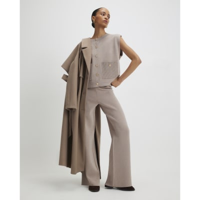 Beige Knitted Wide Leg Trousers