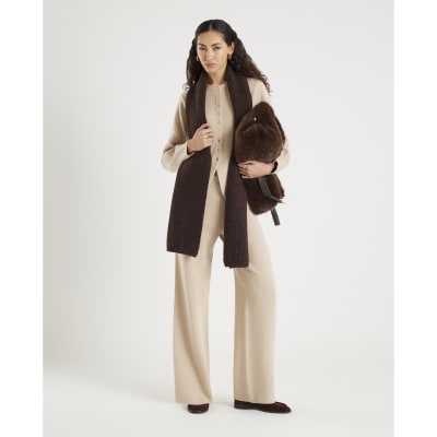 Beige Knitted Wide Leg Trousers