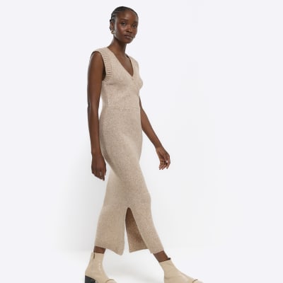 Beige knitted wrap jumper midi dress