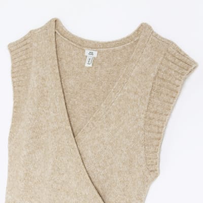 Beige knitted wrap jumper midi dress