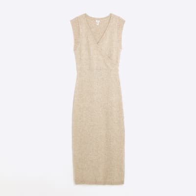 Beige knitted wrap jumper midi dress