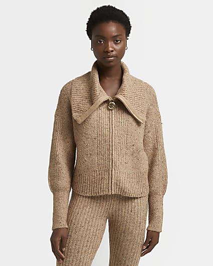 Beige knitted zip up cardigan