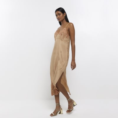 Beige lace slip midi dress River Island